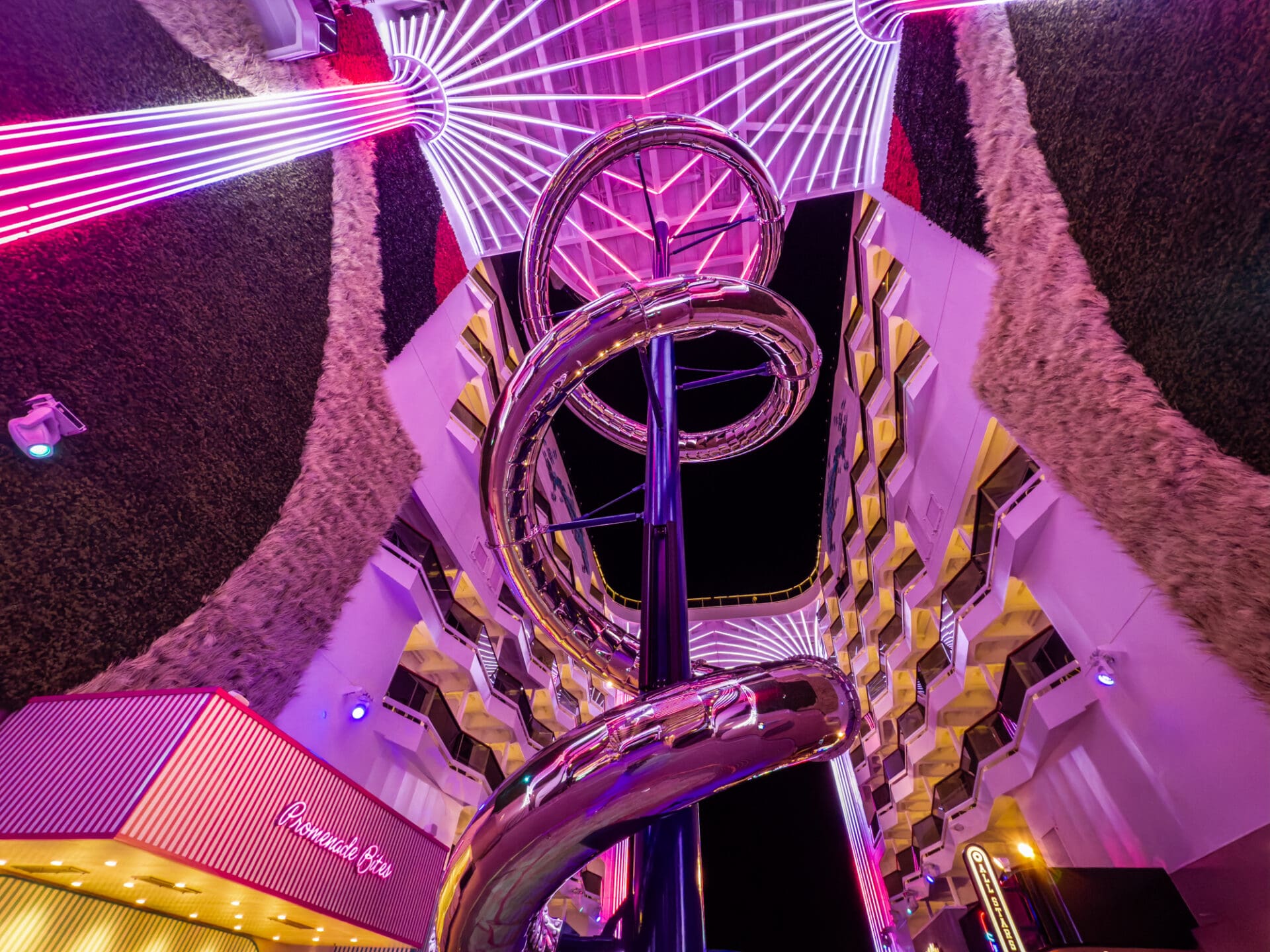 Jaw Drop dry slide on MSC World America at night